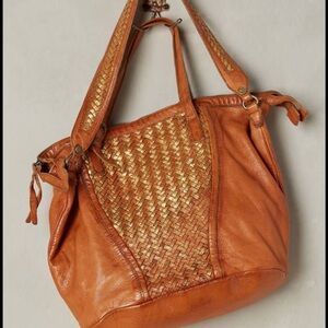 Anthropologie Tano Loretto Woven leather cognac and Gold Shoulder Bag